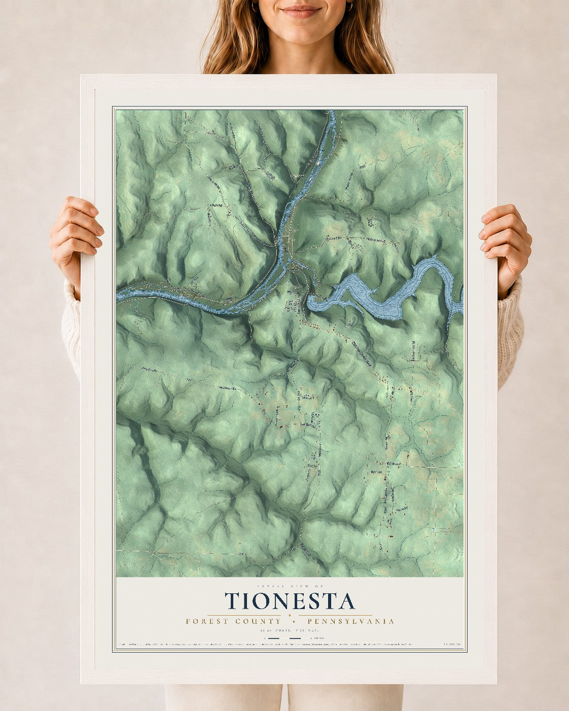 Map of Tionesta, Forest County, Pennsylvania, 24 x 36 inch print in a white wood frame