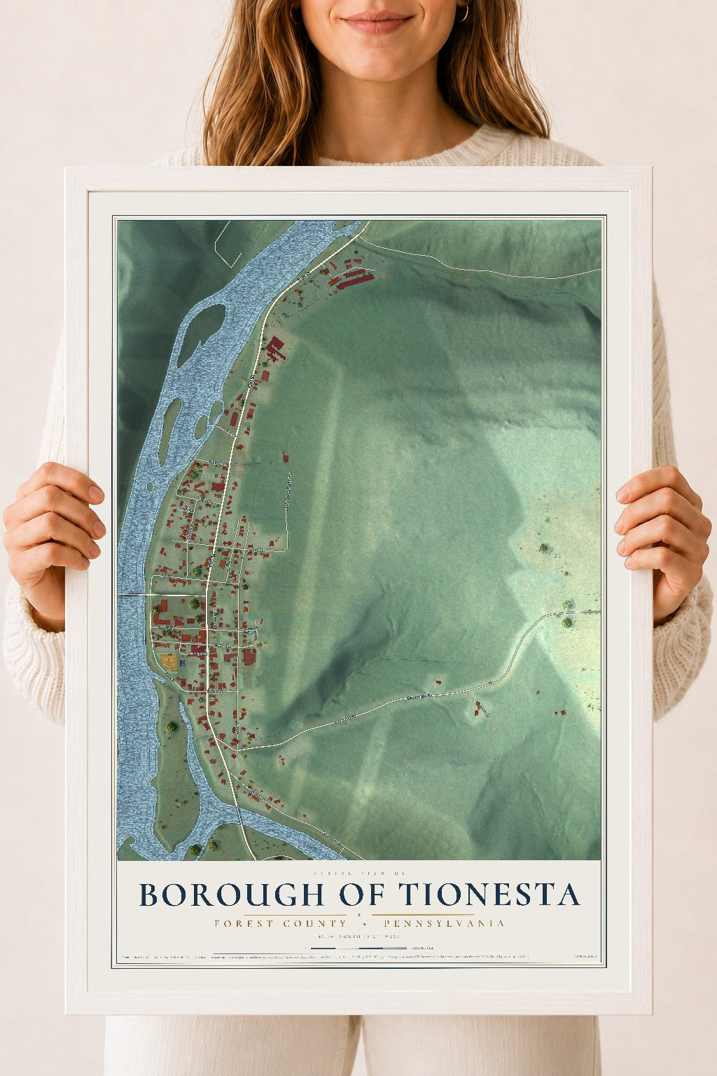 Map of the Borough of Tionesta, Forest County, Pennsylvania, 18 x 24 inch print in a white wood frame