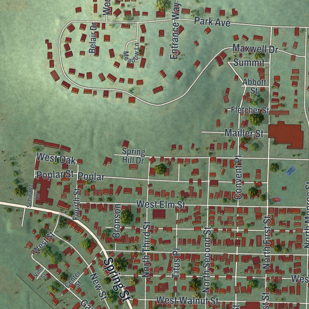 Second close-up of the map of Titusville, Pennsylvania print showing more streets and buildings