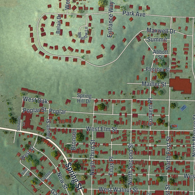 Second close-up of the map of Titusville, Pennsylvania print showing more streets and buildings