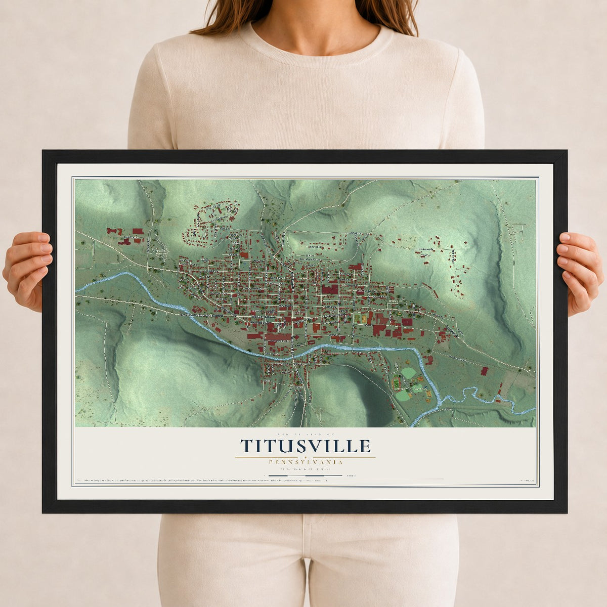 Map of Titusville, Pennsylvania, 12 x 18 inch print in a black wood frame