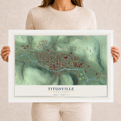 Map of Titusville, Pennsylvania, 12 x 18 inch print in a white wood frame