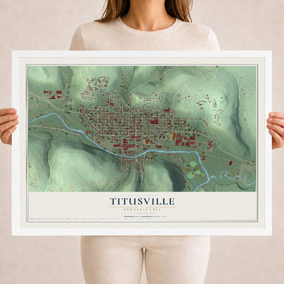 Map of Titusville, Pennsylvania, 18 x 24 inch print in a white wood frame