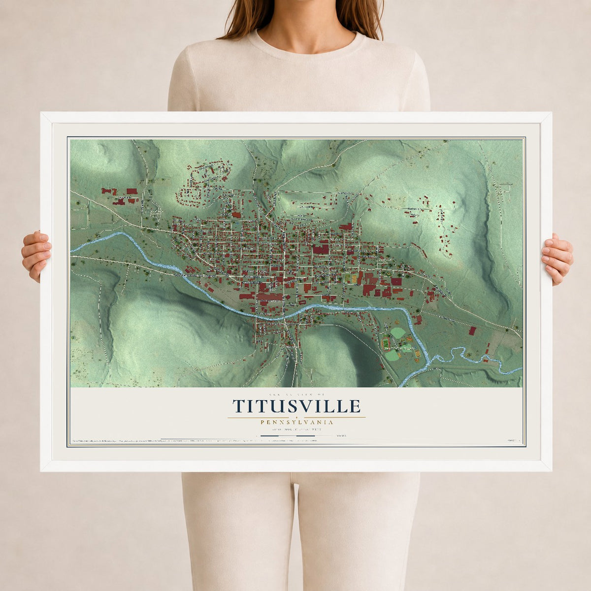 Map of Titusville, Pennsylvania, 24 x 36 inch print in a white wood frame