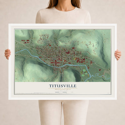 Map of Titusville, Pennsylvania, 24 x 36 inch print in a white wood frame