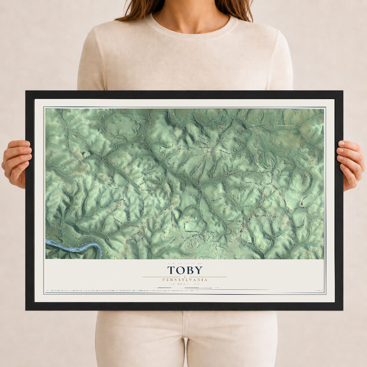 Map of Toby, Pennsylvania, 12 x 18 inch print in a black wood frame