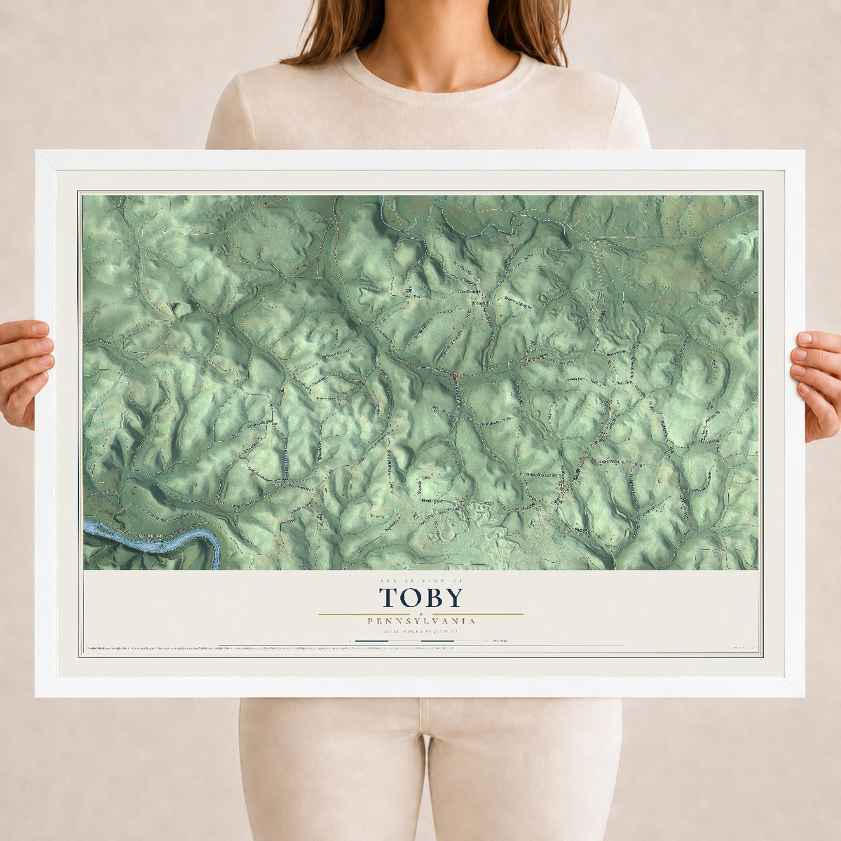 Map of Toby, Pennsylvania, 18 x 24 inch print in a white wood frame