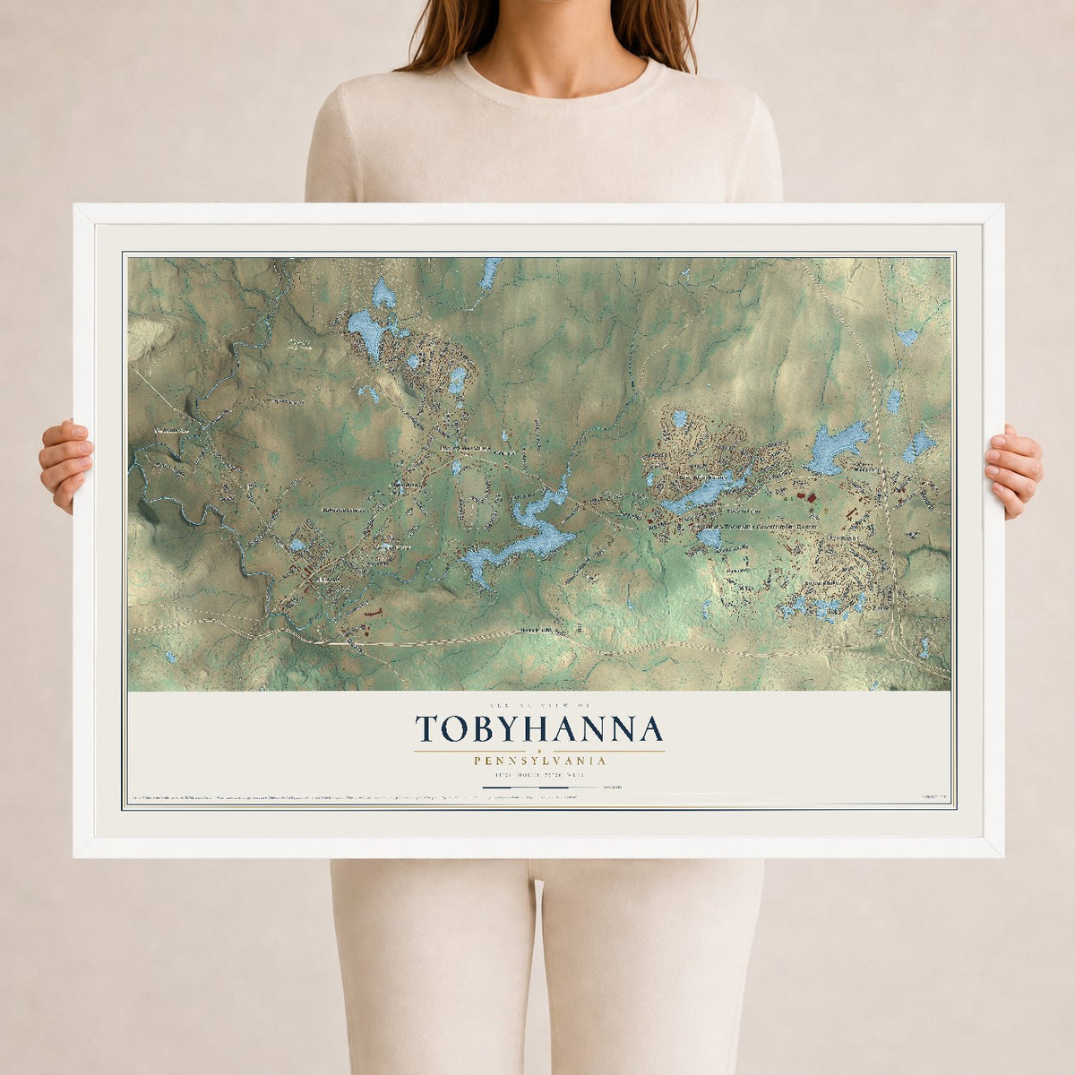 Map of Tobyhanna, Pennsylvania, 24 x 36 inch print in a white wood frame