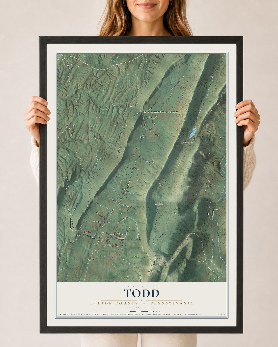 Map of Todd, Fulton County, Pennsylvania, 24 x 36 inch print in a black wood frame