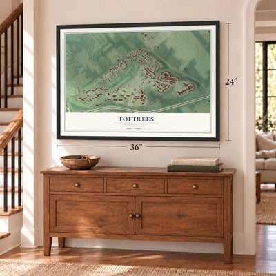 Toftrees, Pennsylvania map, 24 x 36 inch print in a black frame above a dresser by a staircase