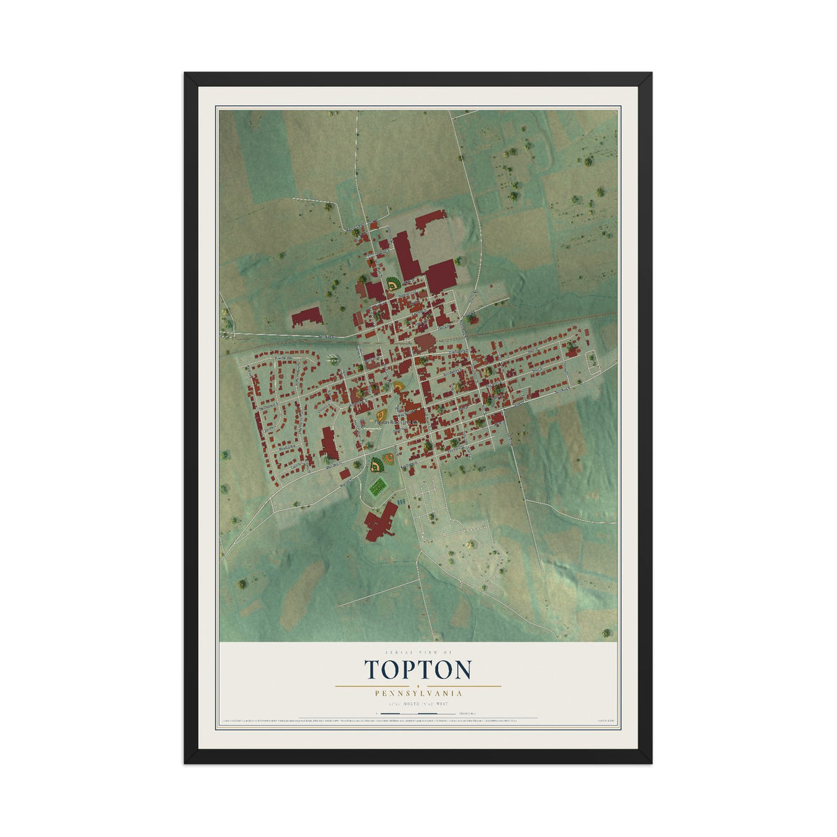 Map of Topton, Pennsylvania, 12 x 18 inch print in a black wood frame