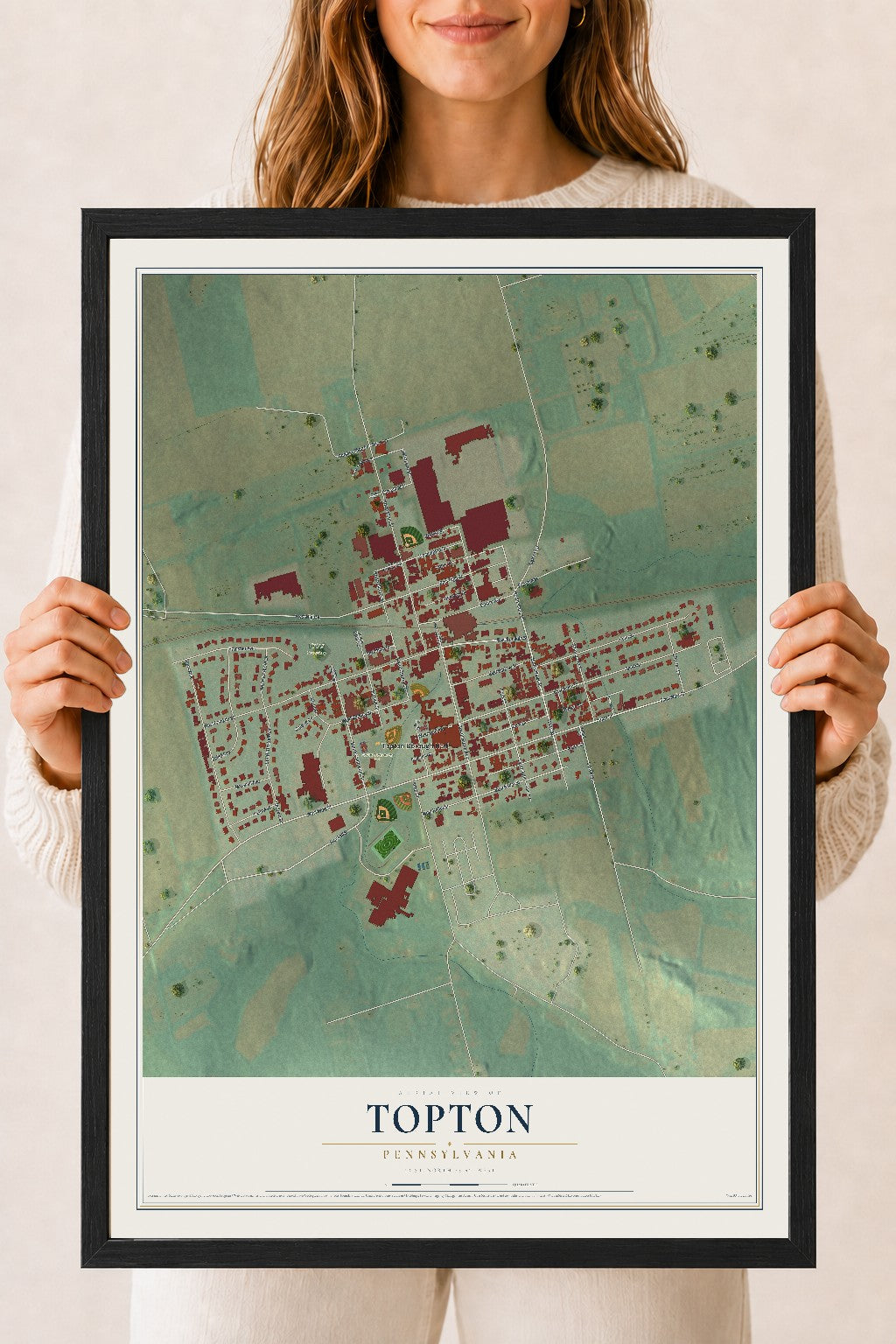 Map of Topton, Pennsylvania, 18 x 24 inch print in a black wood frame