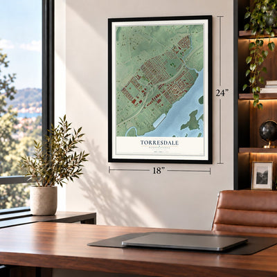 Torresdale, Pennsylvania map, 18 x 24 inch print in a black frame in a home office