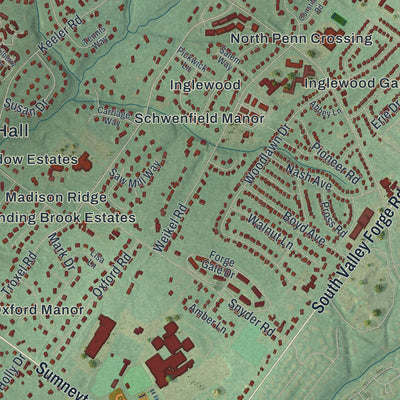 Close-up of the map of Towamencin, Pennsylvania print showing street and building detail