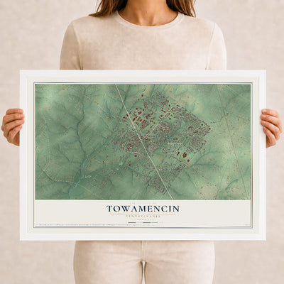 Map of Towamencin, Pennsylvania, 12 x 18 inch print in a white wood frame