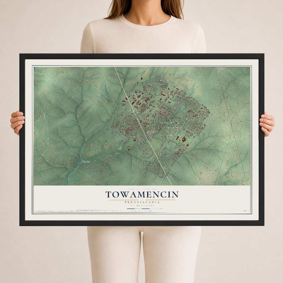 Map of Towamencin, Pennsylvania, 24 x 36 inch print in a black wood frame