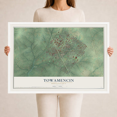 Map of Towamencin, Pennsylvania, 24 x 36 inch print in a white wood frame