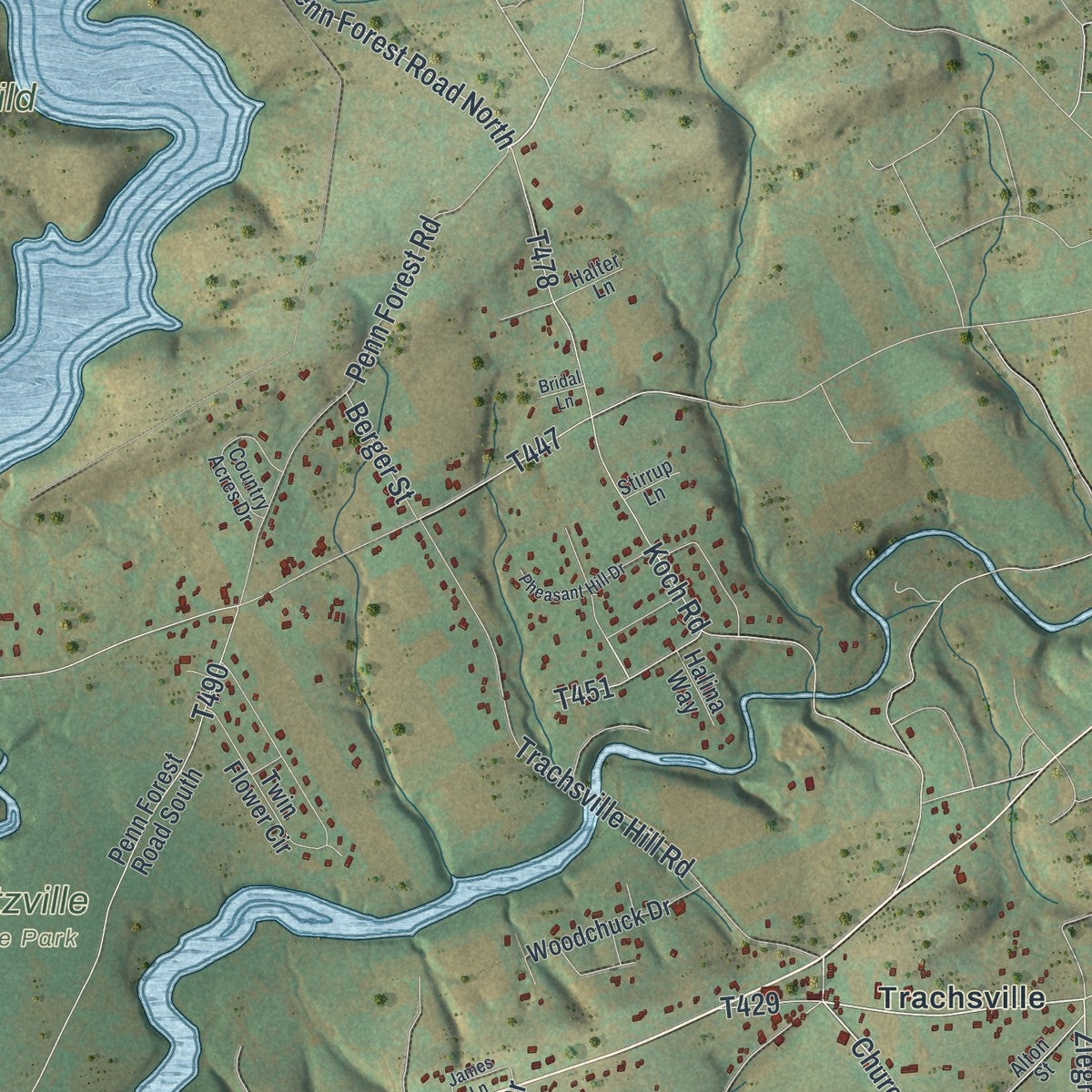 Close-up of the map of Towamensing, Pennsylvania print showing street and building detail