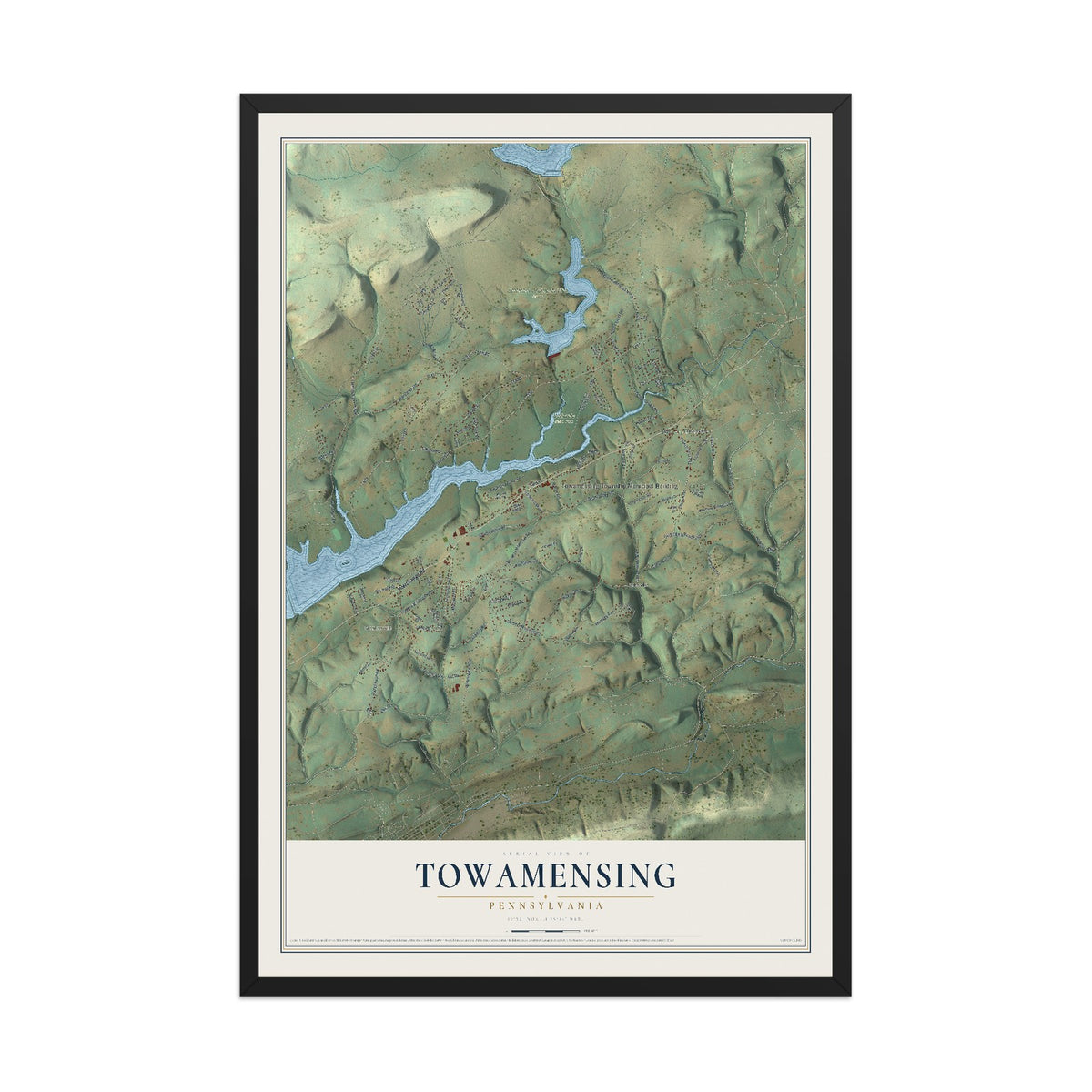 Map of Towamensing, Pennsylvania, 12 x 18 inch print in a black wood frame