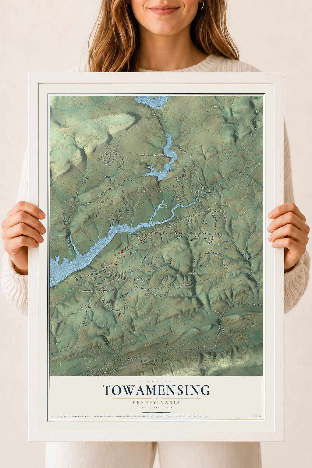 Map of Towamensing, Pennsylvania, 18 x 24 inch print in a white wood frame