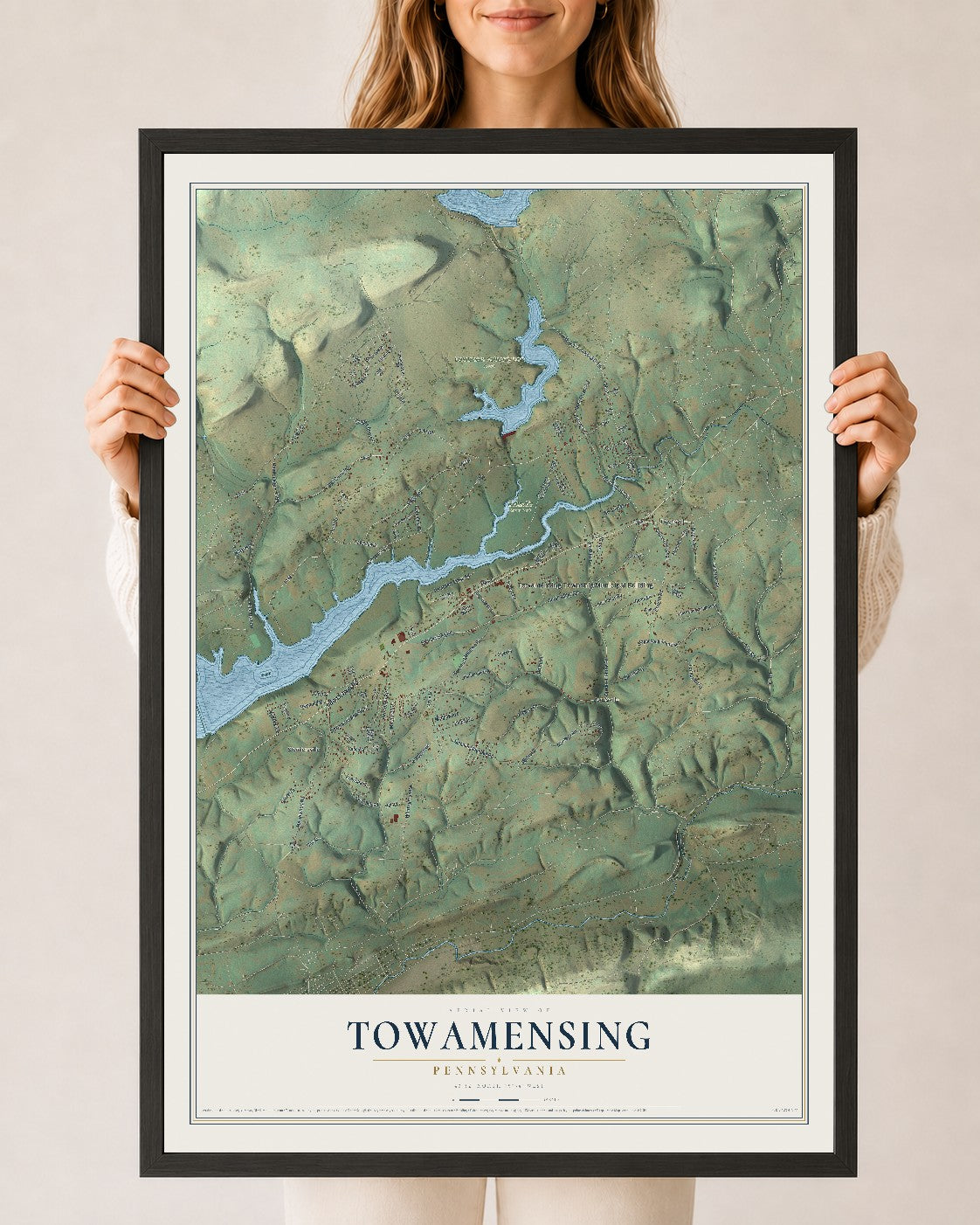 Map of Towamensing, Pennsylvania, 24 x 36 inch print in a black wood frame
