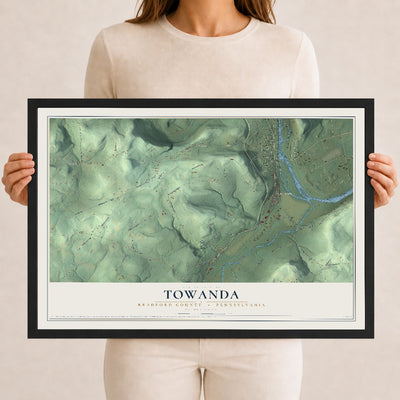 Map of Towanda, Bradford County, Pennsylvania, 12 x 18 inch print in a black wood frame