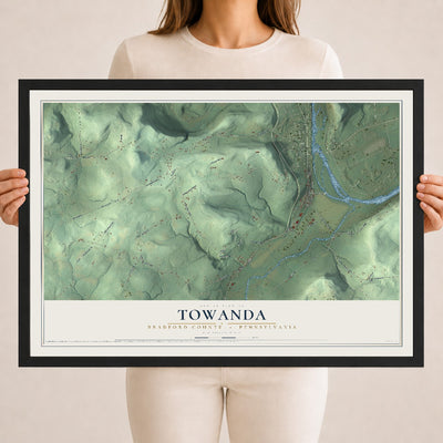 Map of Towanda, Bradford County, Pennsylvania, 18 x 24 inch print in a black wood frame