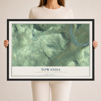 Map of Towanda, Bradford County, Pennsylvania, 24 x 36 inch print in a black wood frame