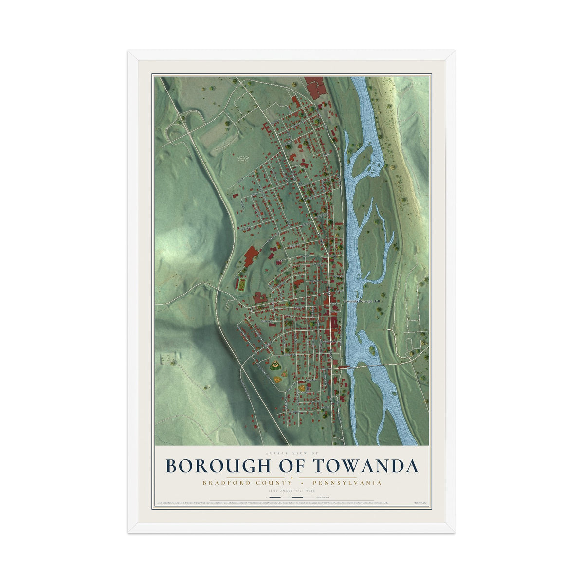 Map of the Borough of Towanda, Bradford County, Pennsylvania, 12 x 18 inch print in a white wood frame