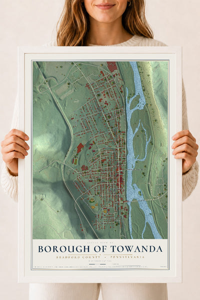 Map of the Borough of Towanda, Bradford County, Pennsylvania, 18 x 24 inch print in a white wood frame