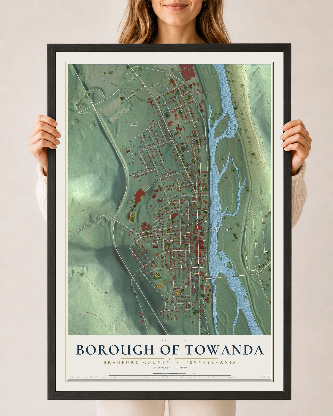 Map of the Borough of Towanda, Bradford County, Pennsylvania, 24 x 36 inch print in a black wood frame