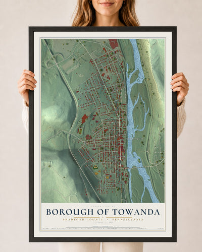 Map of the Borough of Towanda, Bradford County, Pennsylvania, 24 x 36 inch print in a black wood frame