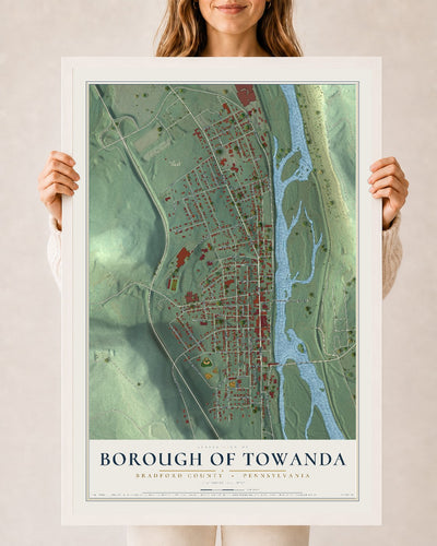 Map of the Borough of Towanda, Bradford County, Pennsylvania, 24 x 36 inch print in a white wood frame