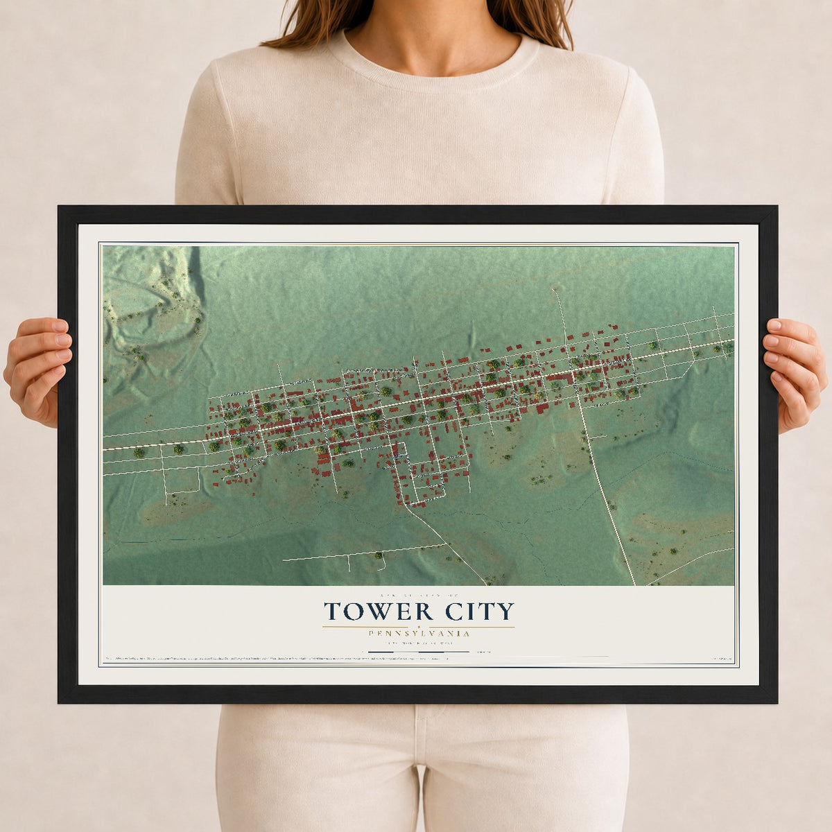 Map of Tower City, Pennsylvania, 12 x 18 inch print in a black wood frame