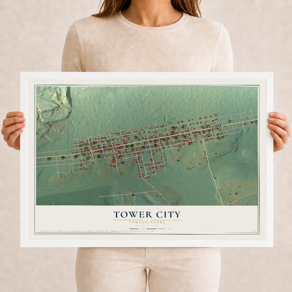 Map of Tower City, Pennsylvania, 12 x 18 inch print in a white wood frame