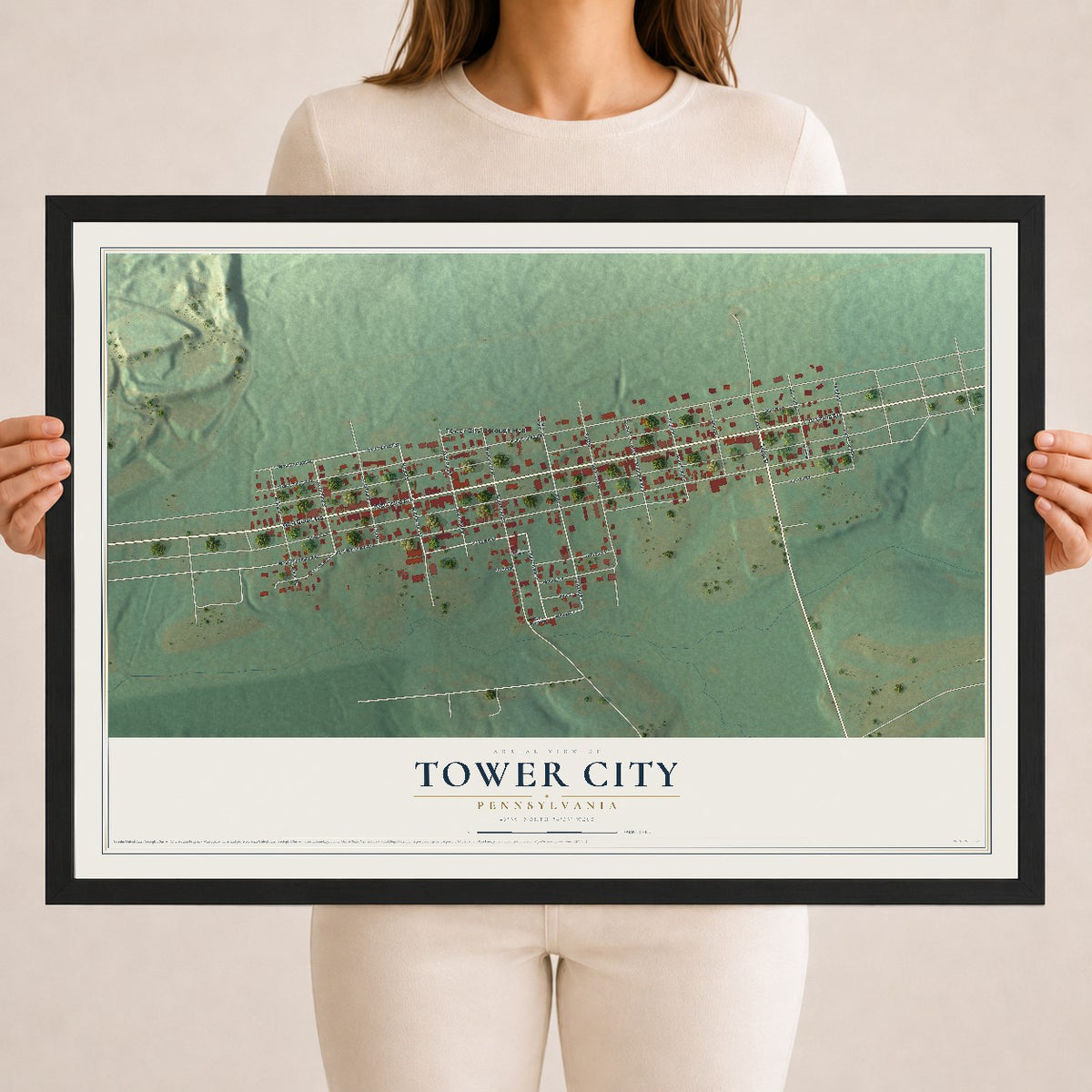 Map of Tower City, Pennsylvania, 18 x 24 inch print in a black wood frame