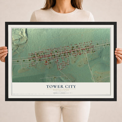 Map of Tower City, Pennsylvania, 18 x 24 inch print in a black wood frame
