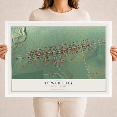 Map of Tower City, Pennsylvania, 18 x 24 inch print in a white wood frame