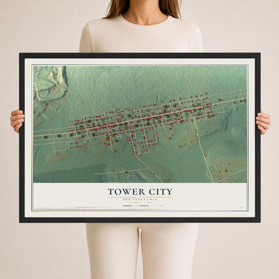 Map of Tower City, Pennsylvania, 24 x 36 inch print in a black wood frame
