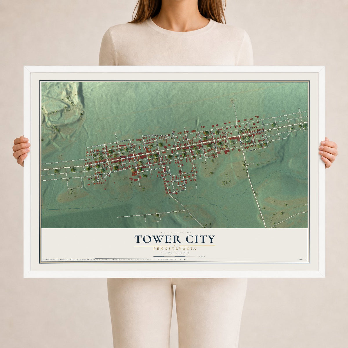 Map of Tower City, Pennsylvania, 24 x 36 inch print in a white wood frame