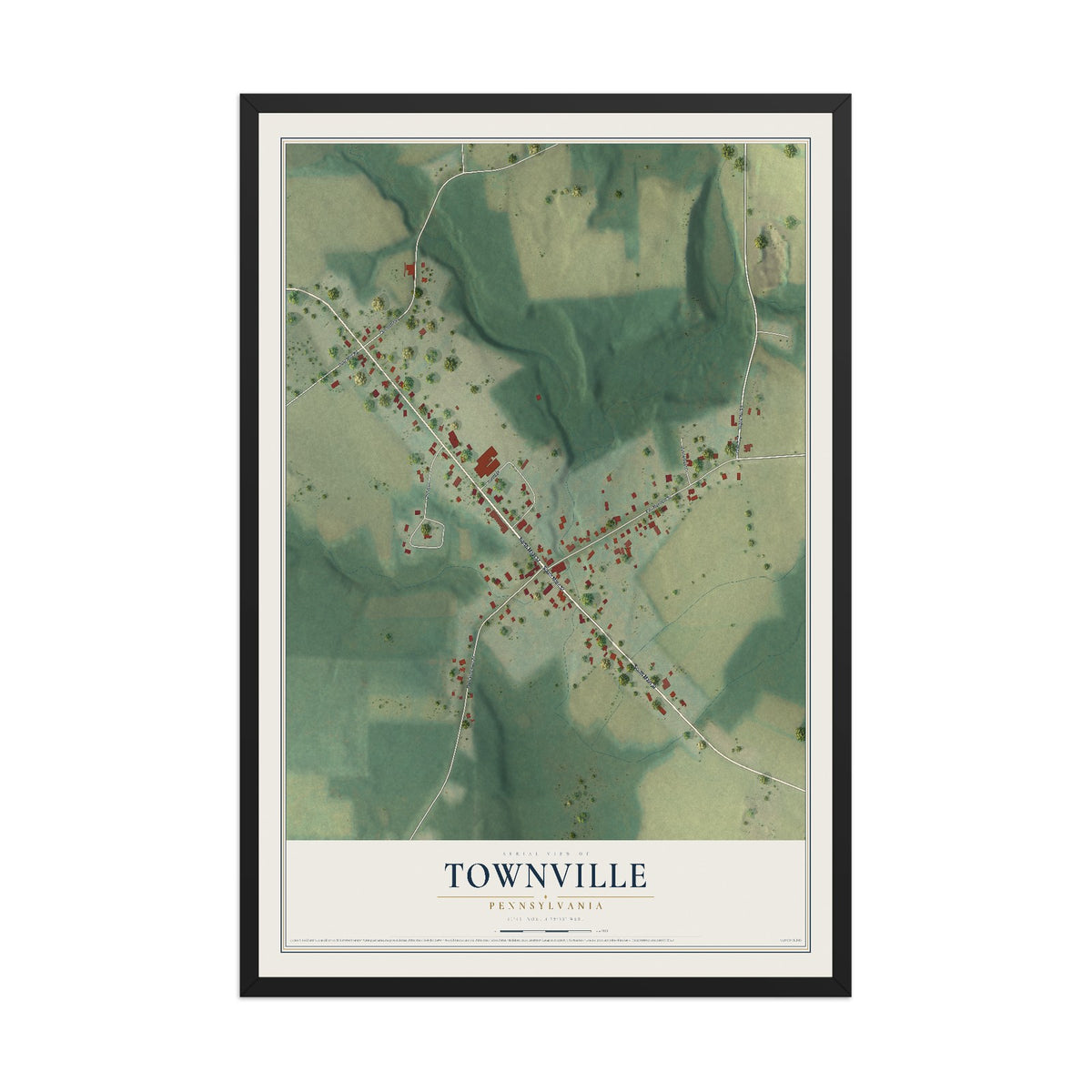 Map of Townville, Pennsylvania, 12 x 18 inch print in a black wood frame