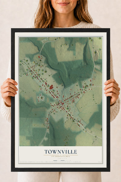 Map of Townville, Pennsylvania, 18 x 24 inch print in a black wood frame