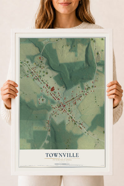 Map of Townville, Pennsylvania, 18 x 24 inch print in a white wood frame