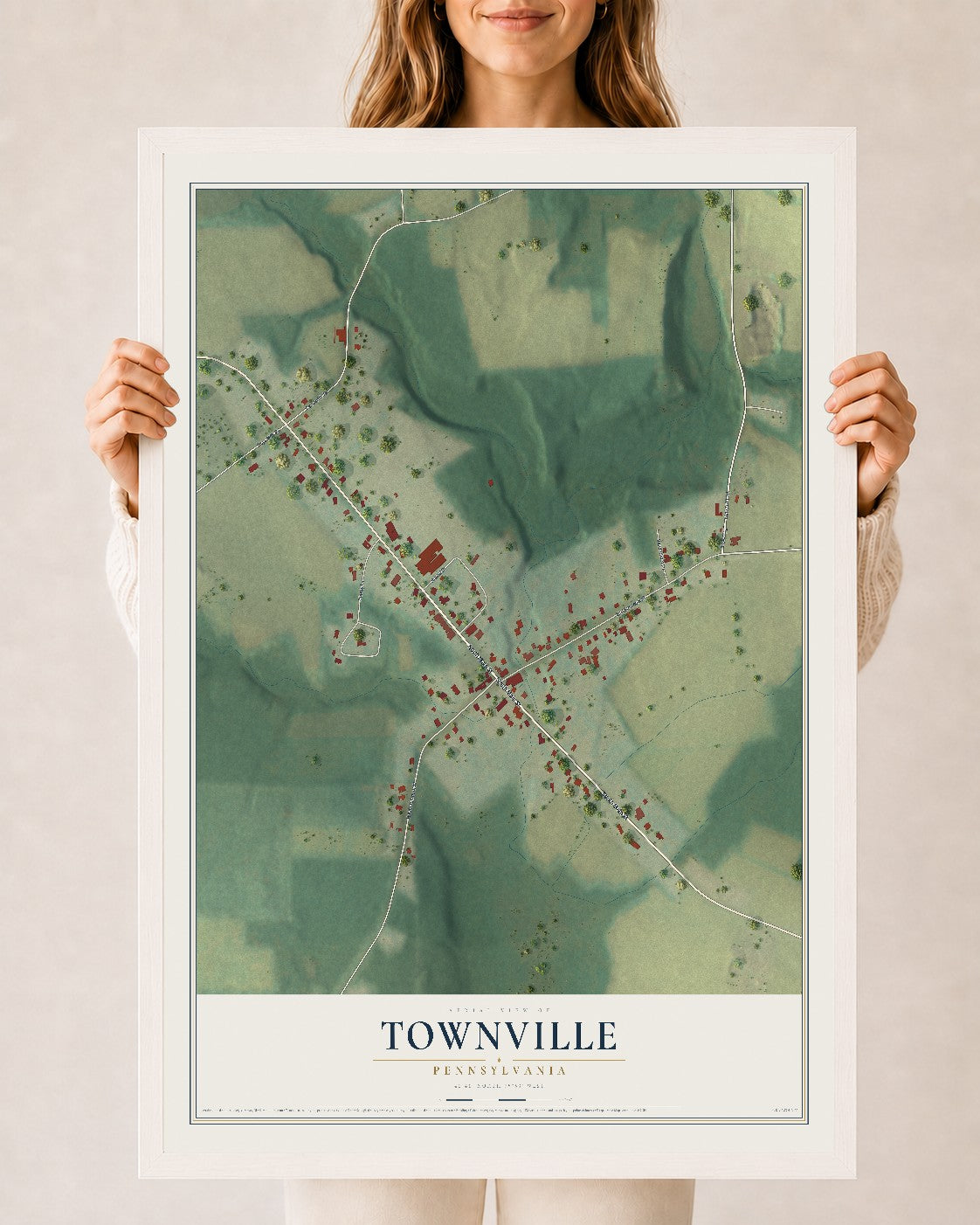 Map of Townville, Pennsylvania, 24 x 36 inch print in a white wood frame