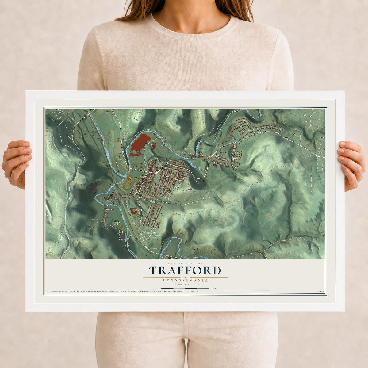 Map of Trafford, Pennsylvania, 12 x 18 inch print in a white wood frame