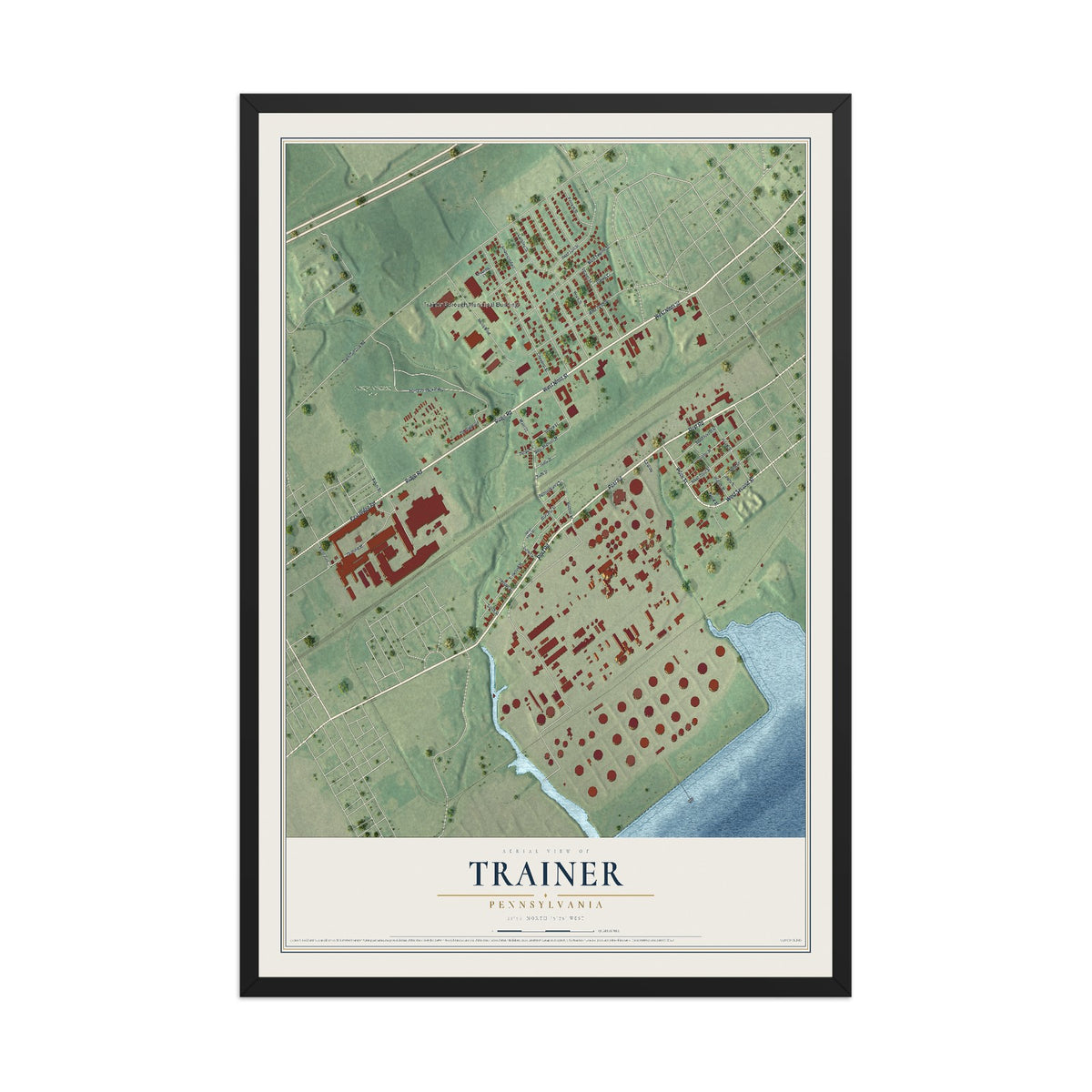 Map of Trainer, Pennsylvania, 12 x 18 inch print in a black wood frame