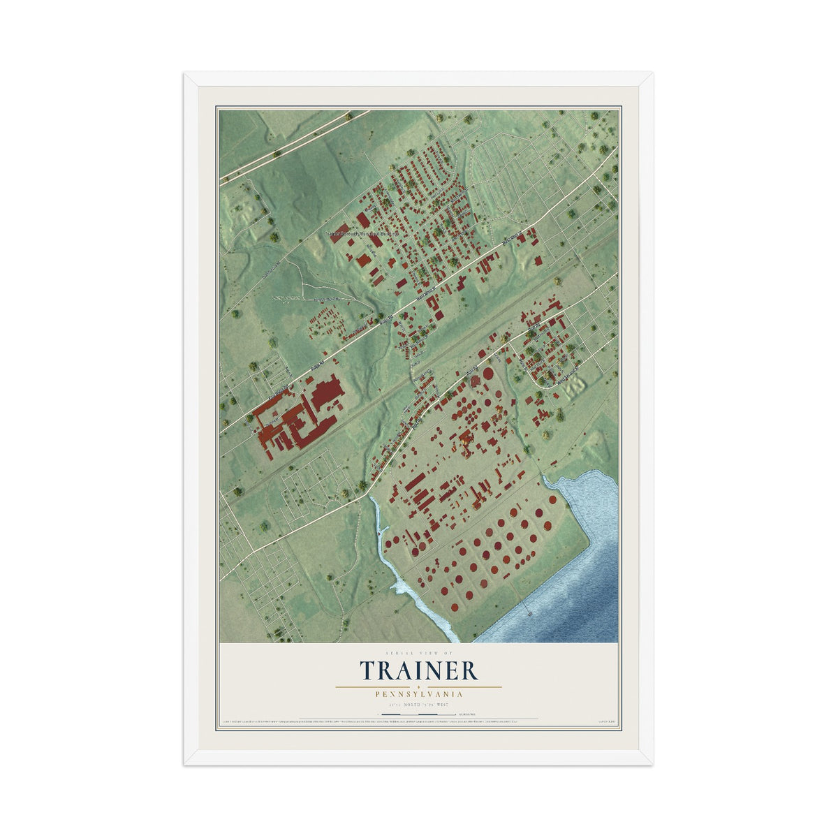 Map of Trainer, Pennsylvania, 12 x 18 inch print in a white wood frame
