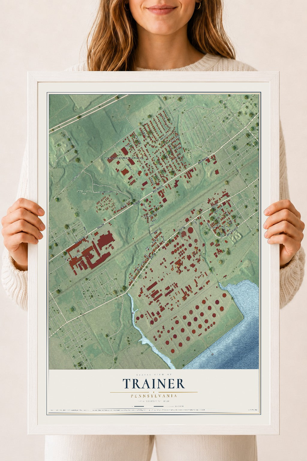 Map of Trainer, Pennsylvania, 18 x 24 inch print in a white wood frame