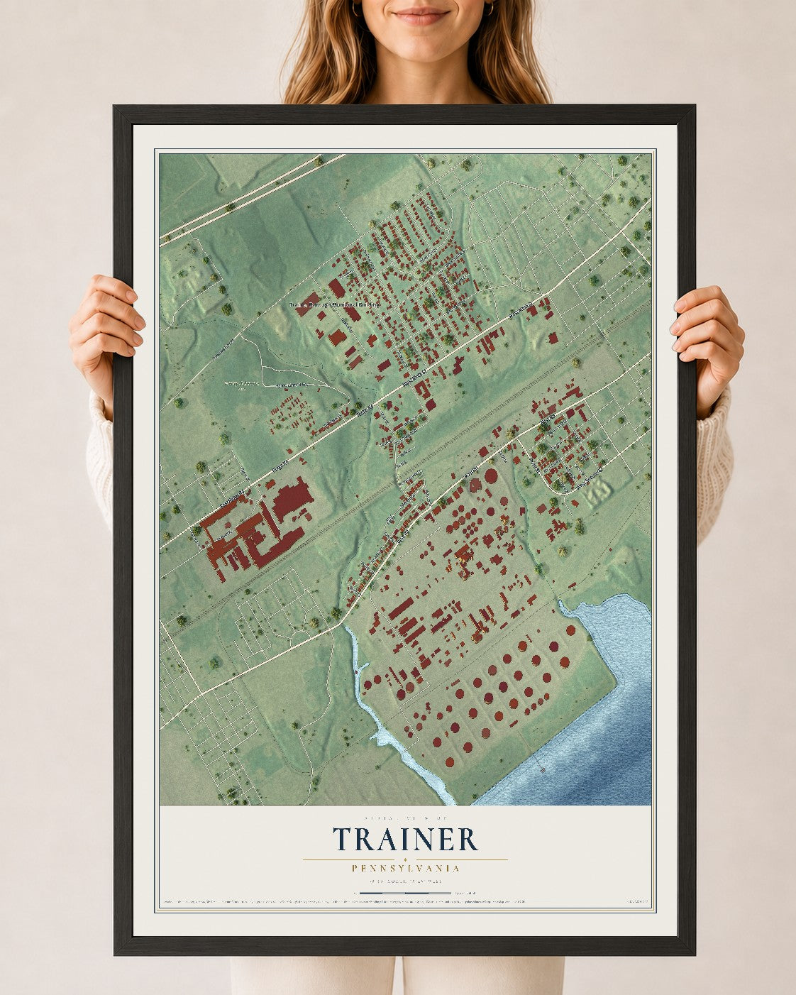 Map of Trainer, Pennsylvania, 24 x 36 inch print in a black wood frame