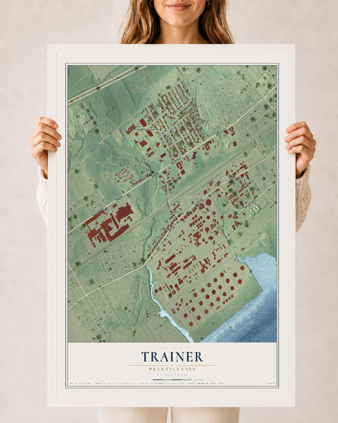 Map of Trainer, Pennsylvania, 24 x 36 inch print in a white wood frame